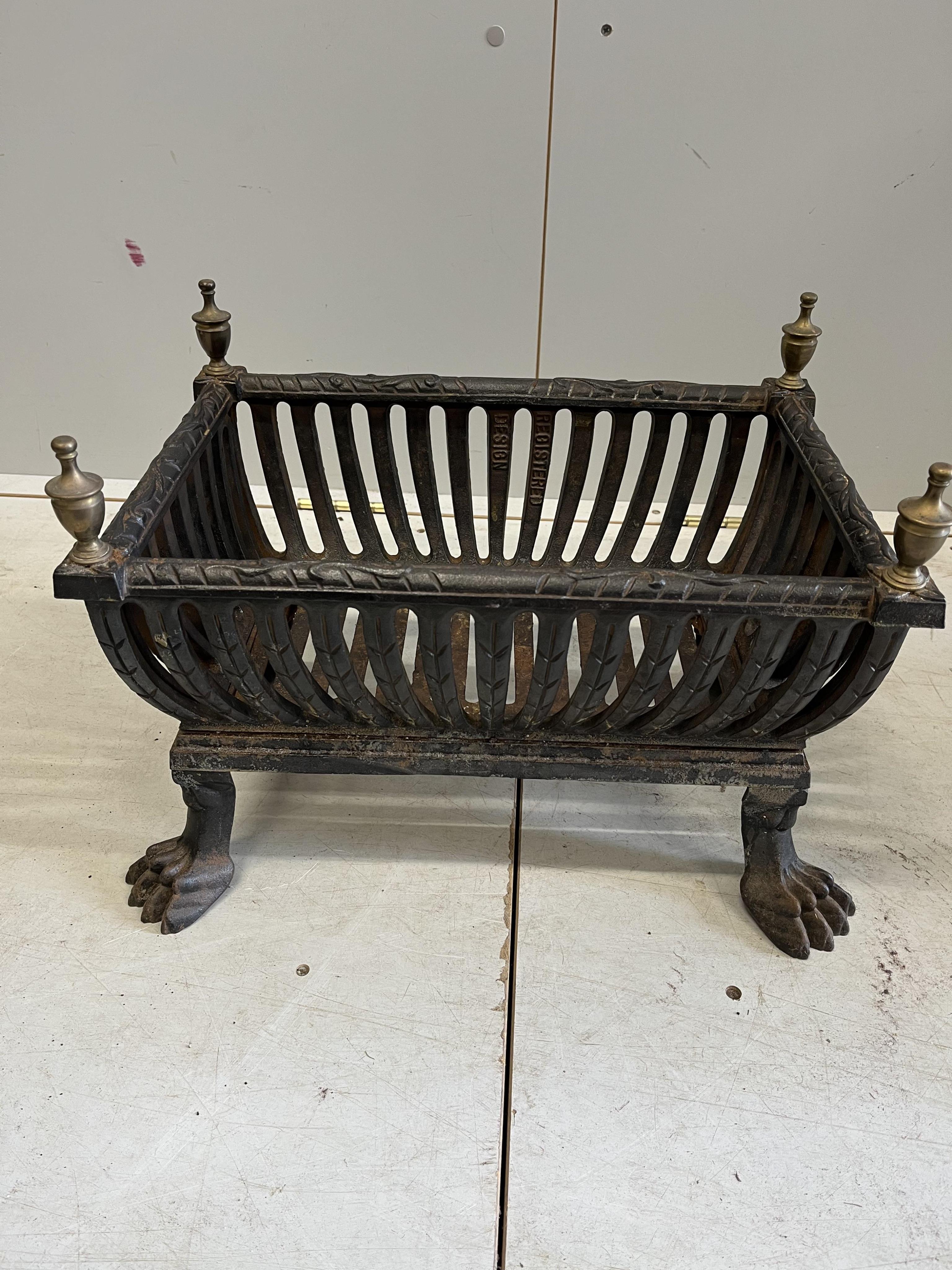 Two fireguards and a fire basket, largest fireguard, width 121cm, depth 31cm, height 66cm, inside measurement 108cm